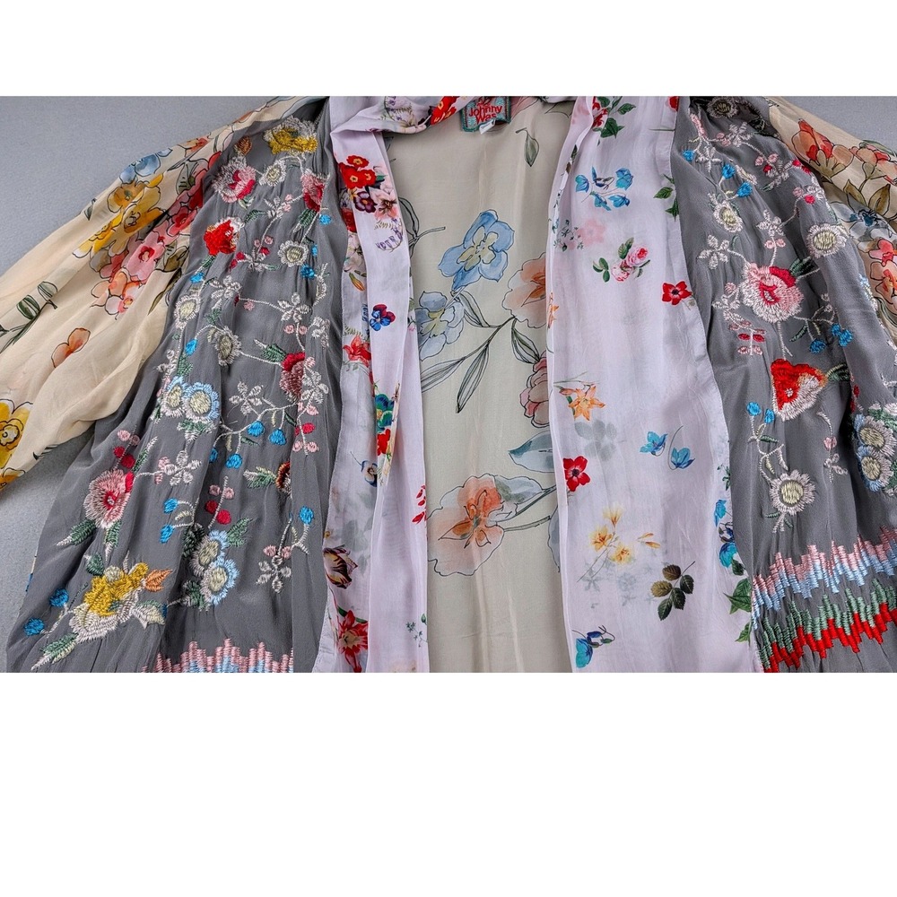 Johnny Was Silk Kimono Cardigan XL Floral Embroidered Print Boho Open Front - Picture 2 of 4